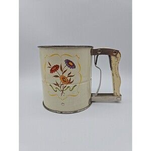 Androck Hand-i-Sift 3 Screen Flour Sifter Flowers Daisy Wood Handle Vtg - Works